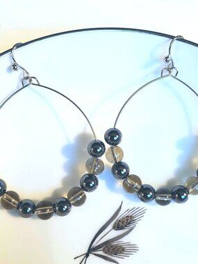 Hematite Stone Smoke Glass Beads Teardrop Hoop Stainless Steel Earrings